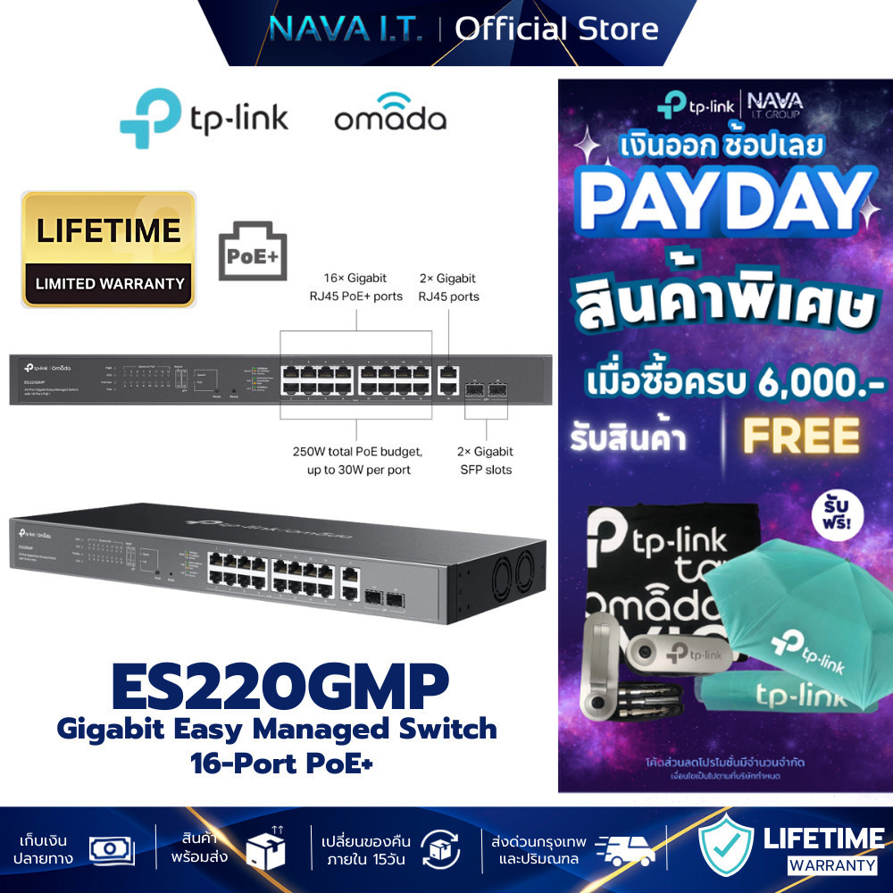 TP-LINK ES220GMP Omada 20-Port PoE+ Gigabit Easy Managed Switch รับประกันศูนย์ไทย