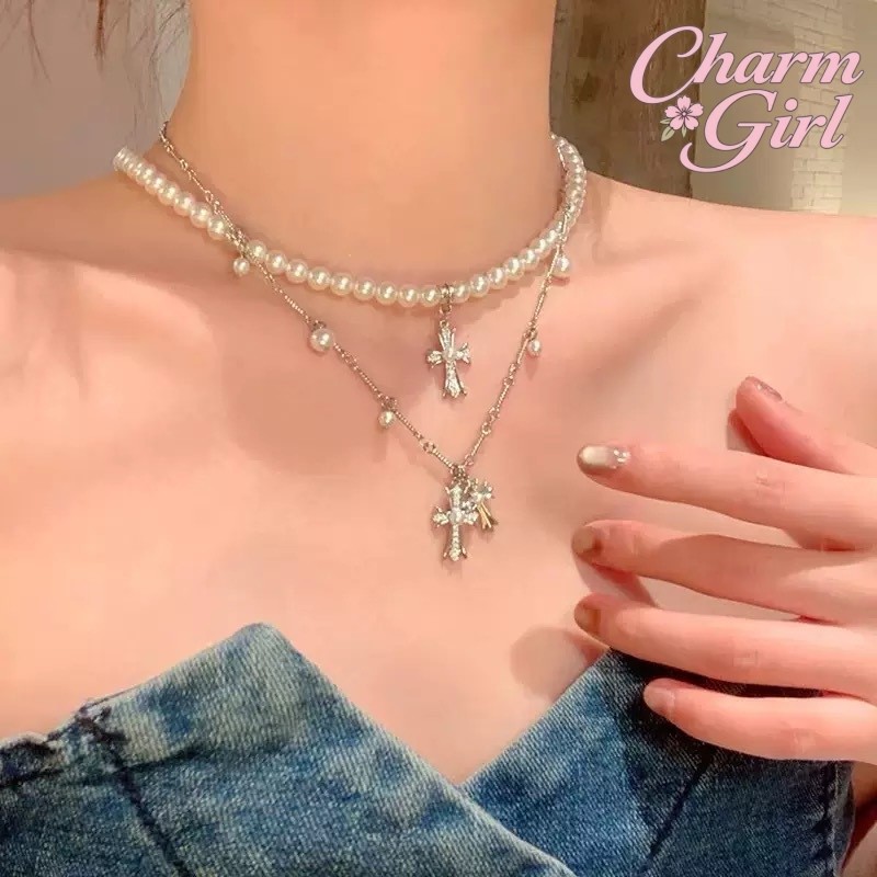 สร้อยคอ จี้ไม้กางเขน ประดับมุก การซ้อนสองชั้น ins สไตล์เกาหลี หรูหรา กระดูกไหปลาร้า ส่งไวจากไทย