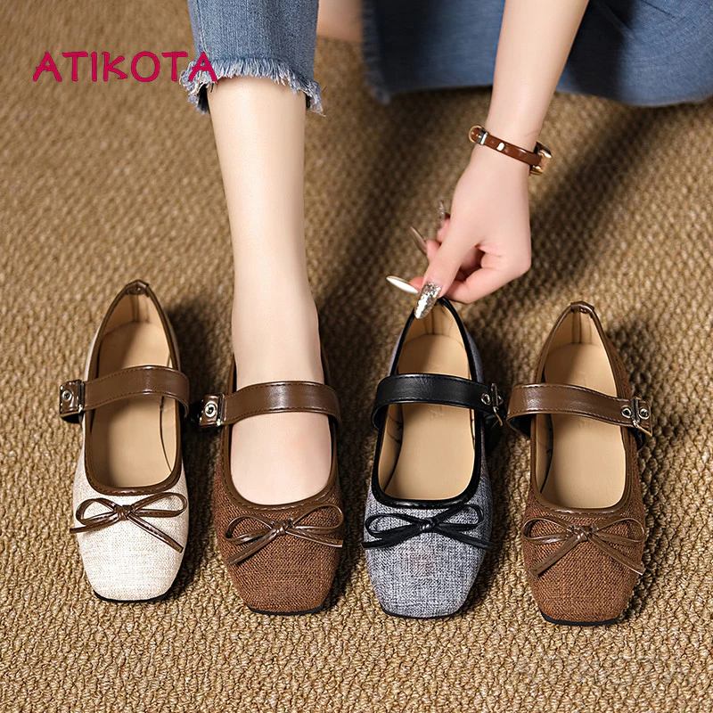 Atikota รองเท้าแบนแฟชั่นสำหรับผู้หญิง ออกแบบสง่าและอเนกประสงค์ มีโบว์ตกแต่ง สบายเท้า