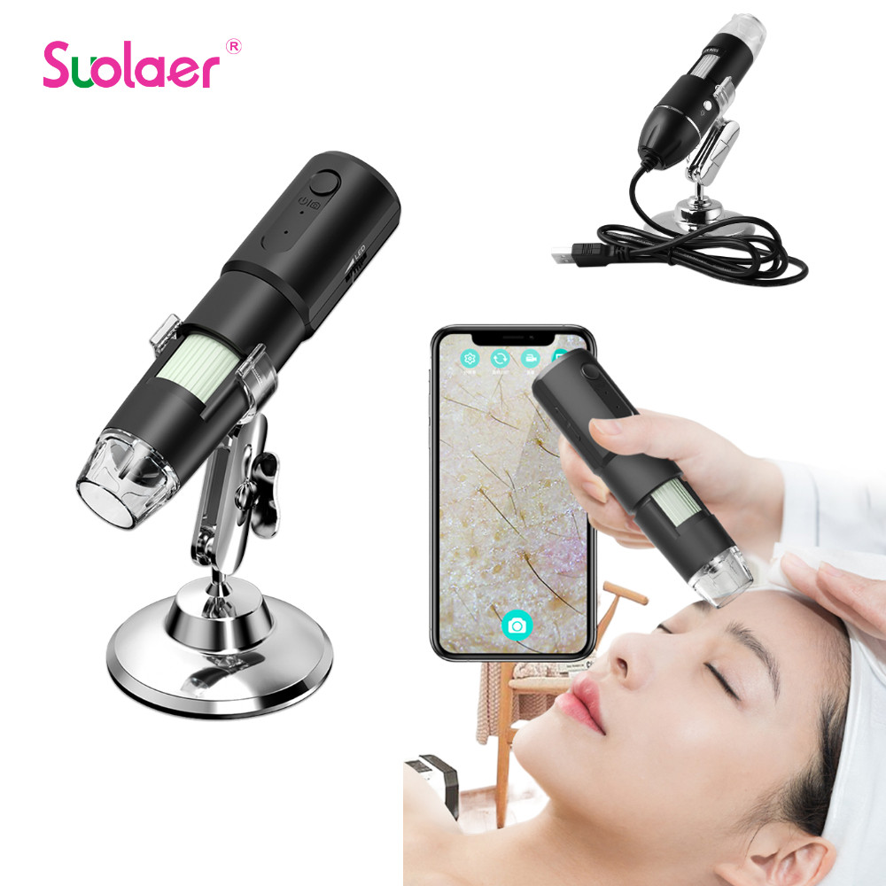 Suolaer กล้องจุลทรรศน์ดิจิตอลพร้อมกล้องเอนโดสโคปการขยาย 8LED เครื่องวิเคราะห์ผิวเข้ากันได้กับ Android Windows