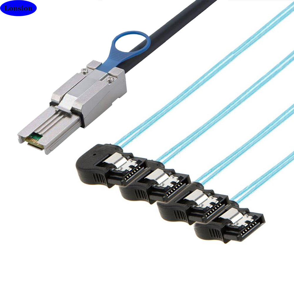 [คลังสินค้าพร้อม] MINI SAS HD SFF-8088 ถึง 4X SATA 7P หญิงซ้าย Bend Server Hard Disk Cable