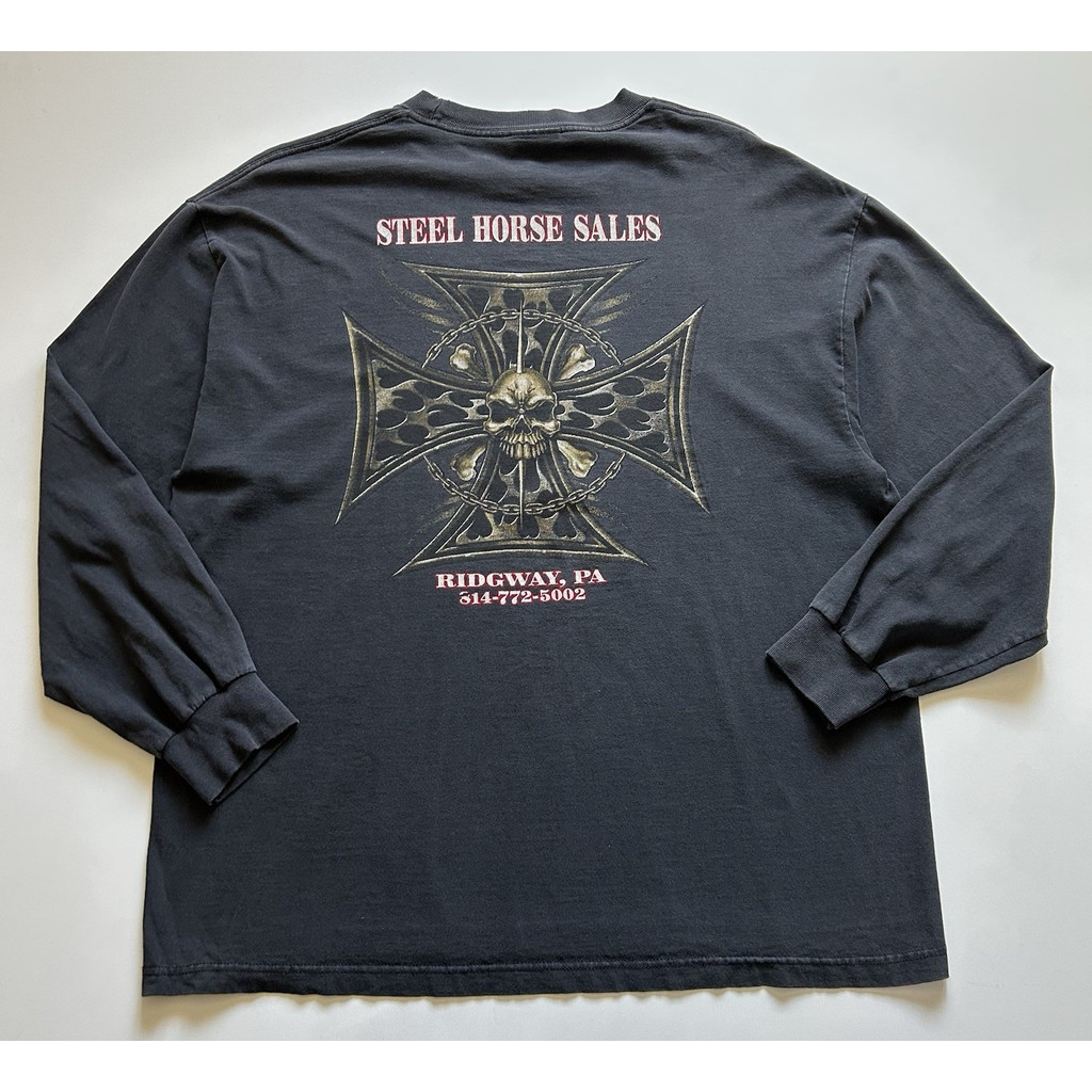 2026 สไตล์ใหม่ Retro Y2K Iron Cross Skull แขนยาว West Coast Chopper สไตล์ผ้าฝ้ายแท้พิมพ์ด้านบนพร้อมส