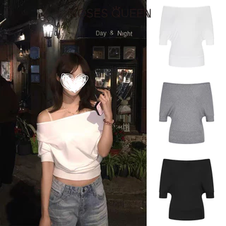MOSESQUEEN เสื้อยืดแขนสั้นคอวีทรงจีบบุนวมสําหรับผู้หญิง - ดีไซน์สมมาตรสไตล์ Eggy เหมาะสําหรับการกระชับสัดส่วน #63941