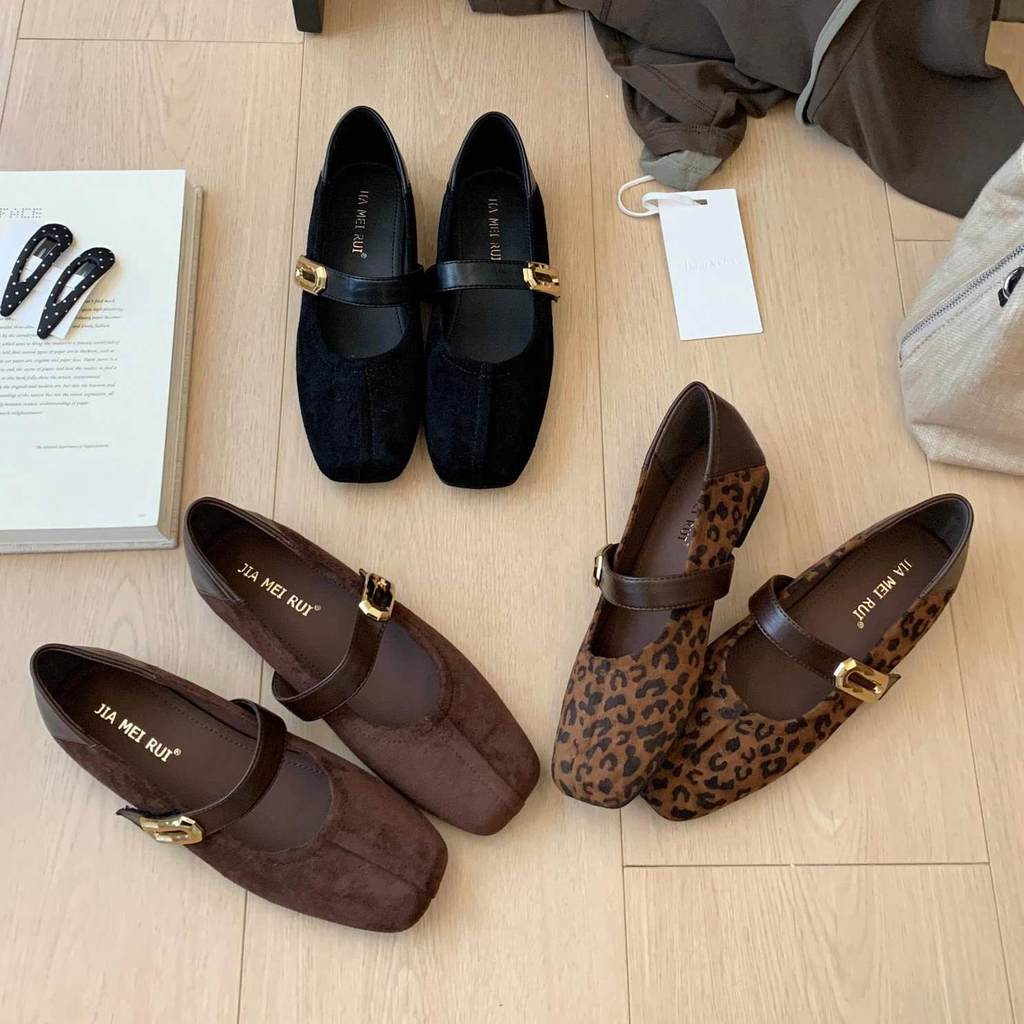 TT Suede Leopard Print Mary Jane Shoes รองเท้าผู้หญิง Flat Buckle Strap Flat Shoes All-Match