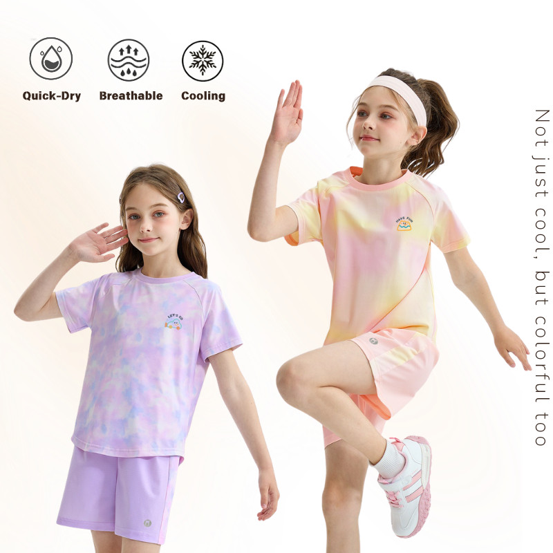 Girls Cooling Tie-Dye ชุดกีฬา Quick Dry Sweat-Wiking Breathable 2 ชิ้น Tee กางเกงขาสั้น Active ฤดูร้อนเด็ก