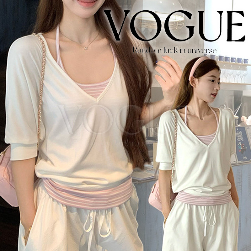Vogue🌟พร้อมส่ง🌟 ชุดเสื้อสองชิ้นสไตล์เกาหลี คล้องคอ+แขนสั้น สำหรับผู้หญิงทรงหลวม ได้สองชิ้น (A8398)