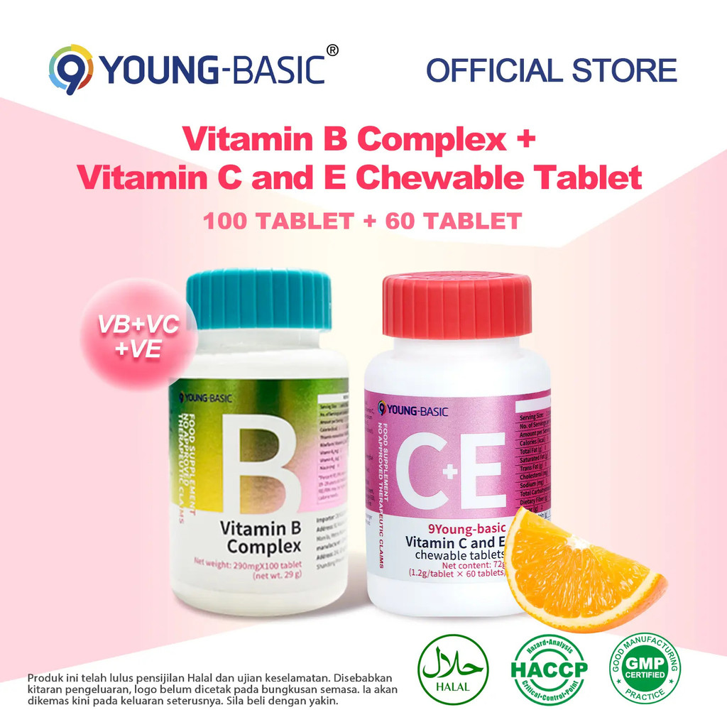 Promotion Combo9YOUNG-BASIC Vitamin B Complex + Vitamin C และ E Chewable Tablets, VC + Natural Vitam