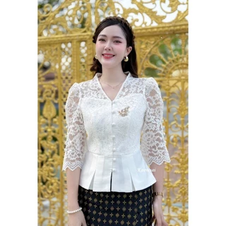 เสื้อรุ่น ราชาวิดีMix ลูกไม้ผสมไหมสี่เส้น กระดุมหน้าแกะได้ อัดกาวทั้งตัว เสื้อใส่ทำบุญ เสื้อออกงาน-OngTong