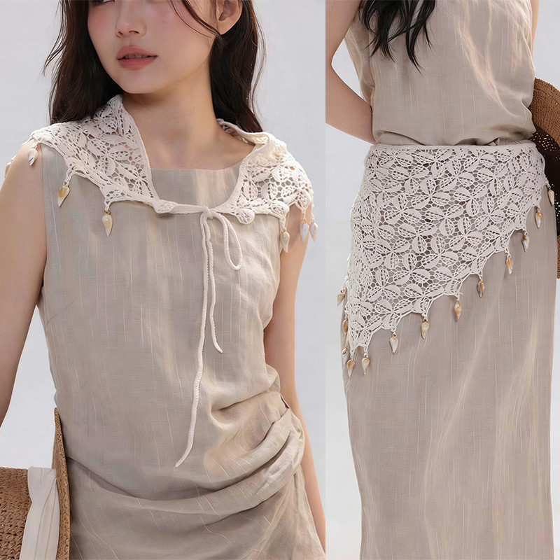 ถัก Headscarf High-End Feel Hollow Butt Curtain Dim สวมใส่ตกแต่งเอวผ้าพันคอสามเหลี่ยม Laced-Up Shell