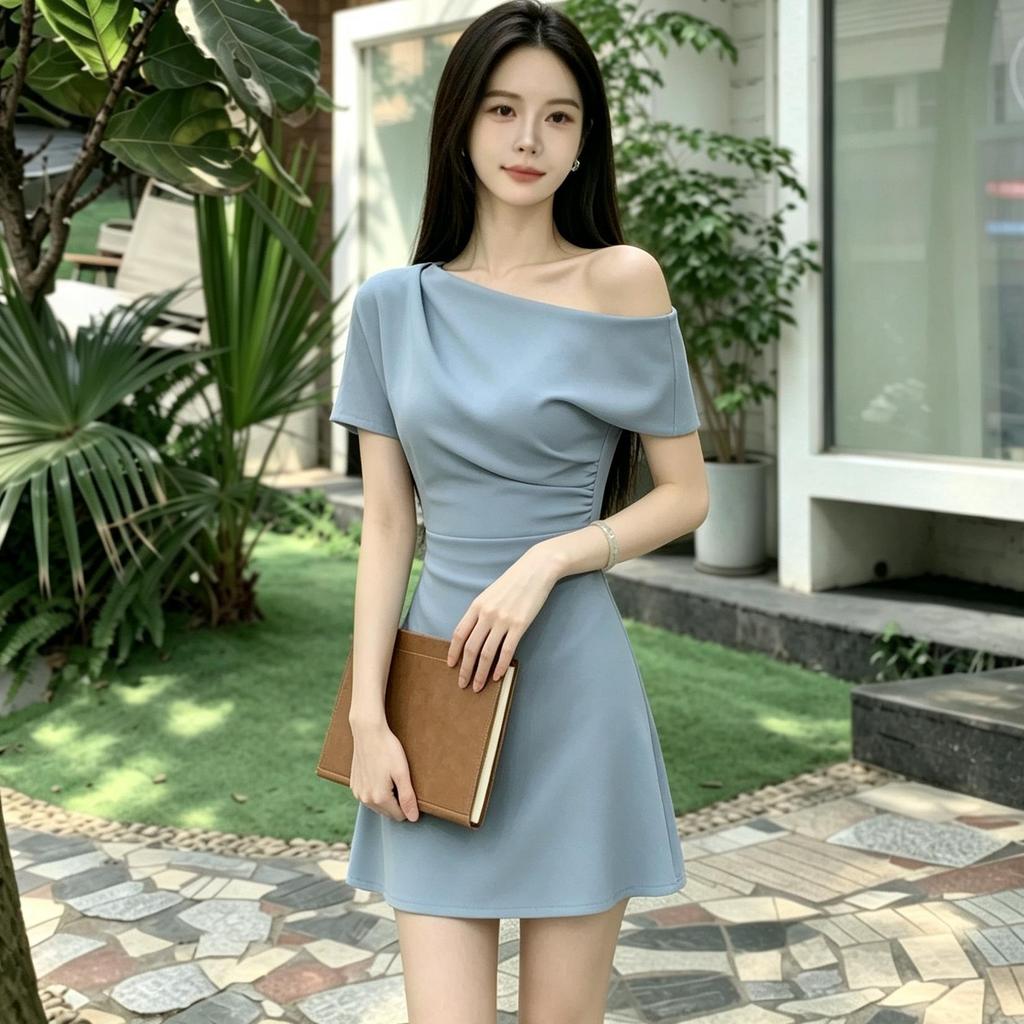 blue dress มินิเดรสสีฟ้า ปาดไหล่ข้างเดียว พลีท เรียบหรู สไตล์เกาหลี ชุดออกงาน ใส่เที่ยว เดรสวันแม่