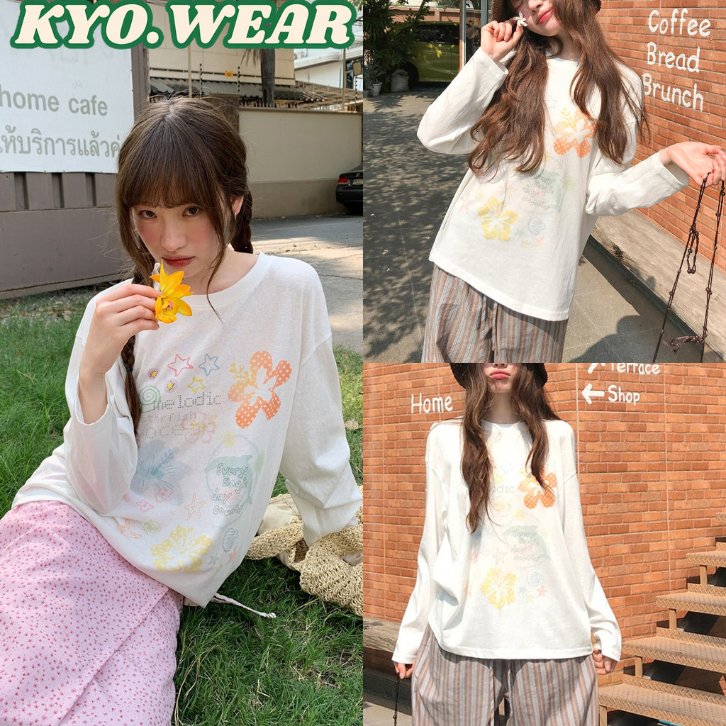 KYO 🌸【พร้อมส่ง】เกาหลีสไตล์ เสื้อยืดเเขนยาว ผู้หญิง พิมพ์ลาย "MELODIC" OVERSIZE ผ้าฝ้าย 100% โคตรนุ่ม เสือใส่สบาย