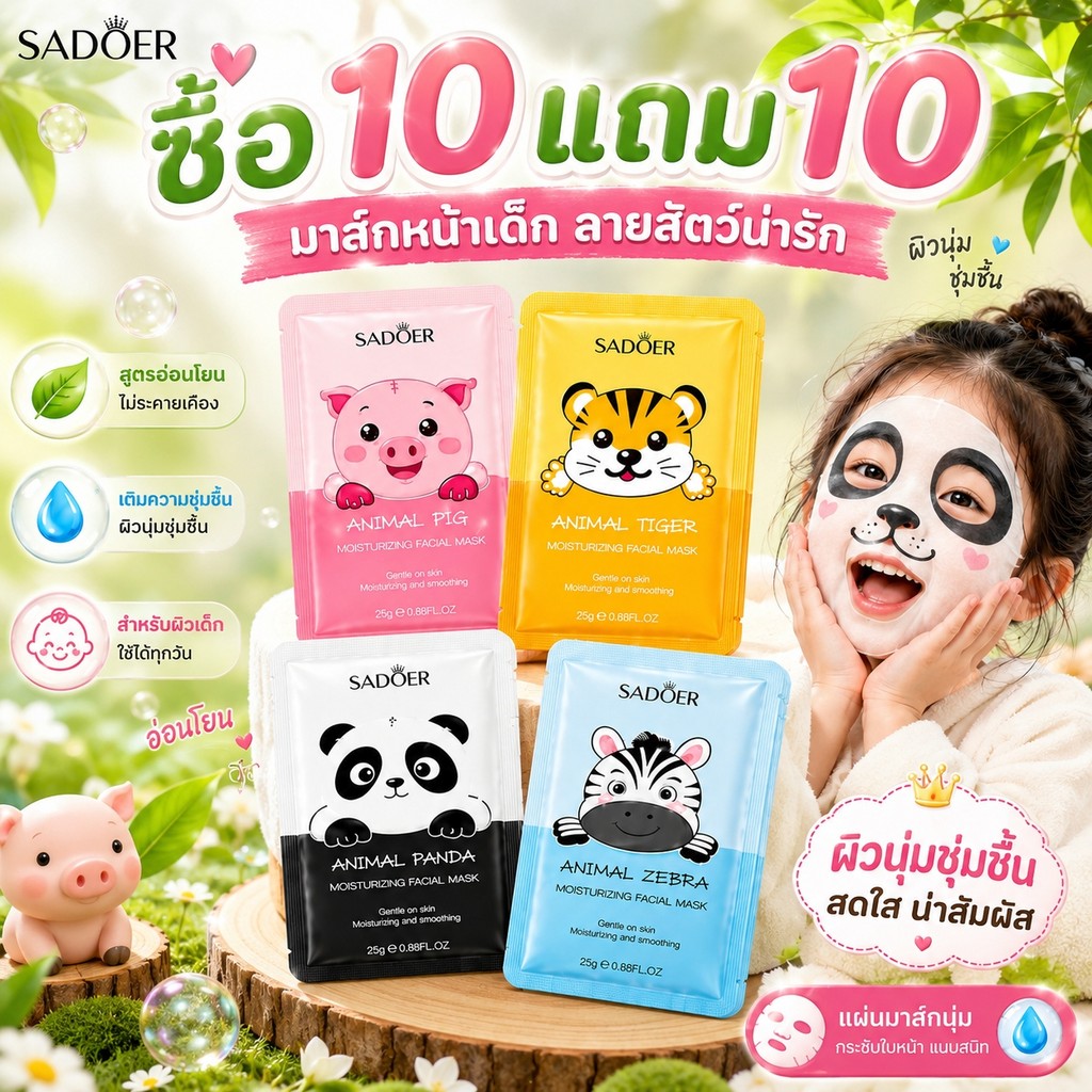 ซื้อ10ชิ้น แถมฟรี10ชิ้น SADOER มาส์กหน้าเด็ก แผ่นมาส์กลายสัตว์ สูตรอ่อนโยน เติมความชุ่มชื้น ผิวนุ่ม ใช้งานง่าย