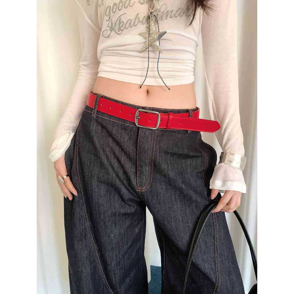 Retro Red Belt Womens Niche Design Feel Matching Jeans Wide Belt Korean Version All-Match Belt