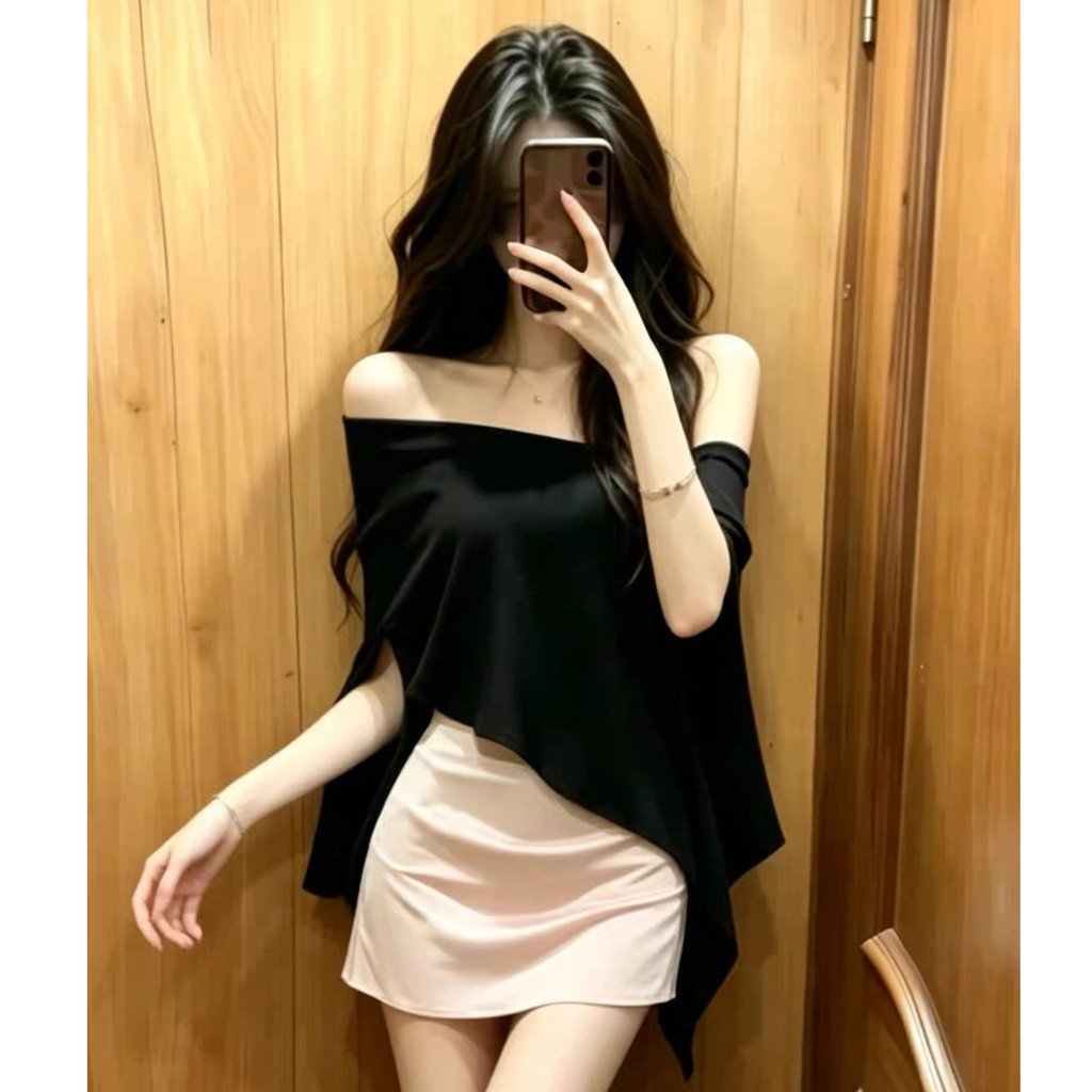 สีดําข้ามไหล่ด้านบนสะโพกปกกระโปรงสั้นอารมณ์รอยัลน้องสาวสไตล์สูทผู้หญิงฤดูร้อนรูปแบบใหม่สูง-