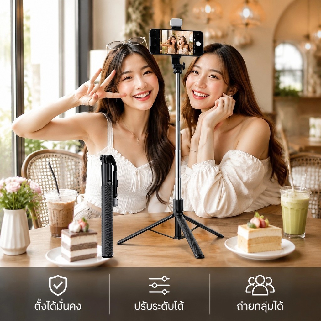 ไม้เซลฟี่บลูทูธ R16S 360°  รีโมท + Tripod สูง 175 ซม พับเก็บสะดวก ไม้เซลฟี่