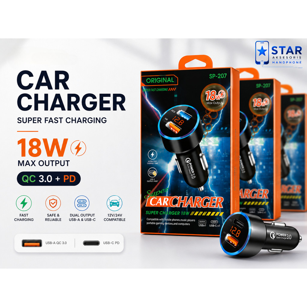 SP-207 2USB 18W LED Car Charger Adapter SP207