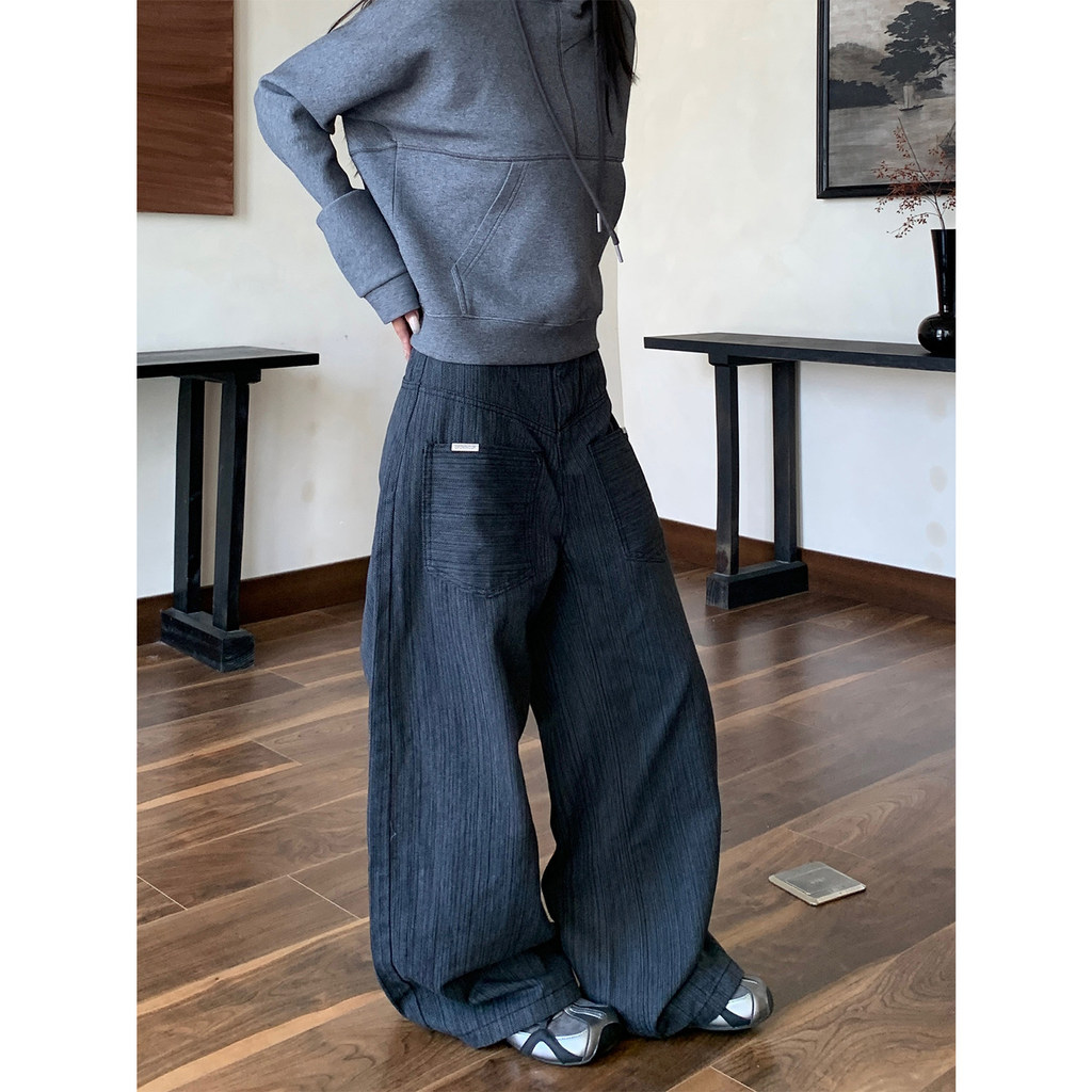 Batch 50 Mesh Picture H805 [Bamboo Stripes] Reverse Pocket Washed Straight Grey S ถึง 3XL