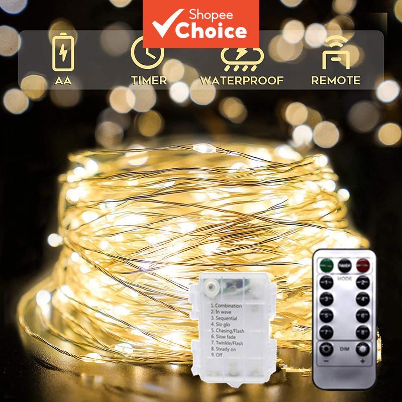 ไฟประดับ LED 20/50/100/200 ดวง ใช้ถ่าน AA พร้อมรีโมท 8 โหมด กันน้ํา สําหรับตกแต่งกลางแจ้ง งานแต่งงาน ต้นคริสต์มาส