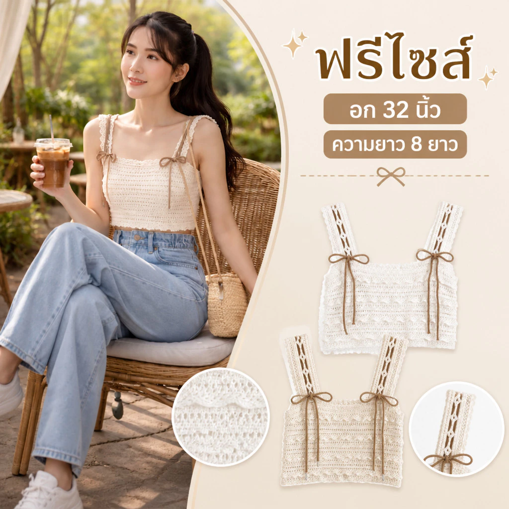 เสื้อสายเดี่ยวถักโครเชต์แต่งระบายชั้นๆ ดีเทลผูกโบว์น้ำตาลสไตล์เกาหลี เสื้อไหมพรมถักโปร่งมินิมอล ใส่ไปคาเฟ่น่ารักมาก