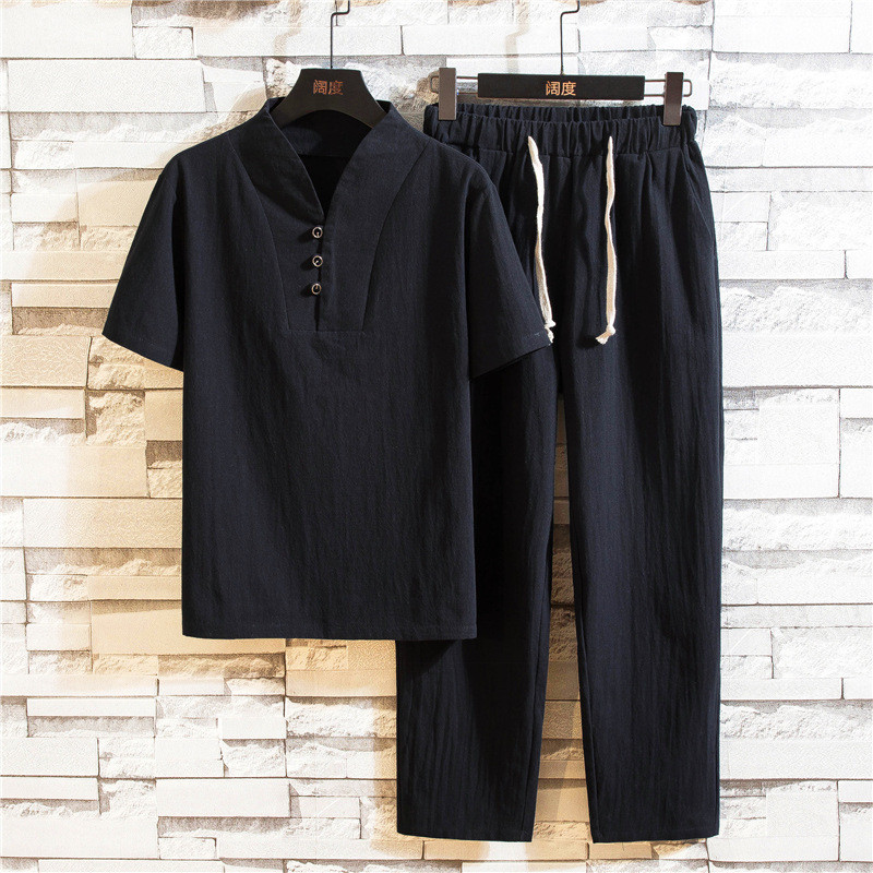 Asian Men Cotton Short Sleeves Shirt Plus Size Sub-Library Pants 7.19