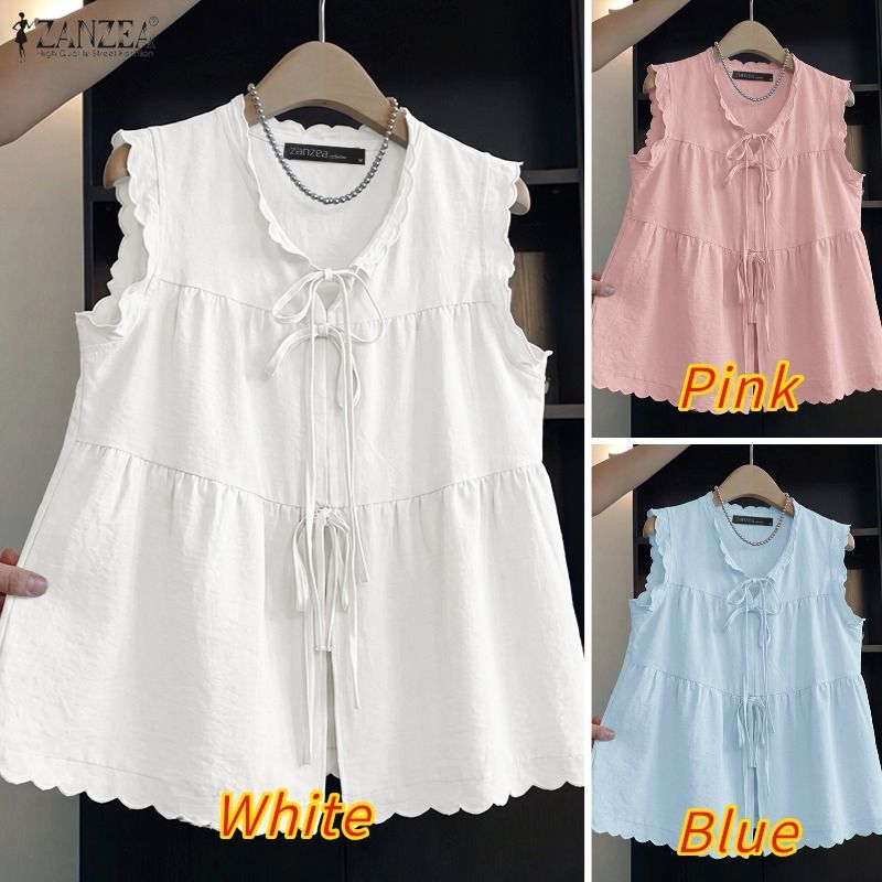 ZANZEA ผู้หญิงเกาหลีหวานอ่อนโยนเก๋ลูกเรือคอ Double Tie-Up แขนกุดขอบลูกไม้ A-Line Tanks — صورة 3