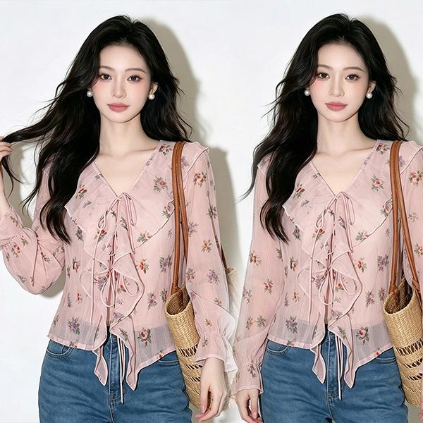 mimi&didi-[สินค้าพร้อมส่ง]เสื้อเชิ้ตผู้หญิงแฟชั่นสไตล์เรโทร คอวี ทรงหลวม เอวเข้ารูป ลายดอกไม้#99516