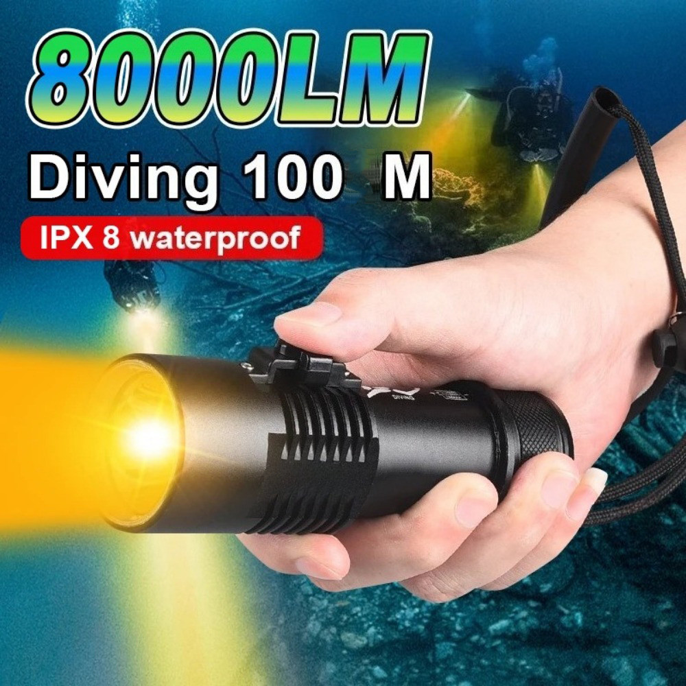 XHP100 ไฟฉายดําน้ํามืออาชีพ IP8 กันน้ําที่มีประสิทธิภาพ Led ดําน้ําแสงสีเหลืองโคมไฟใต้น้ํา