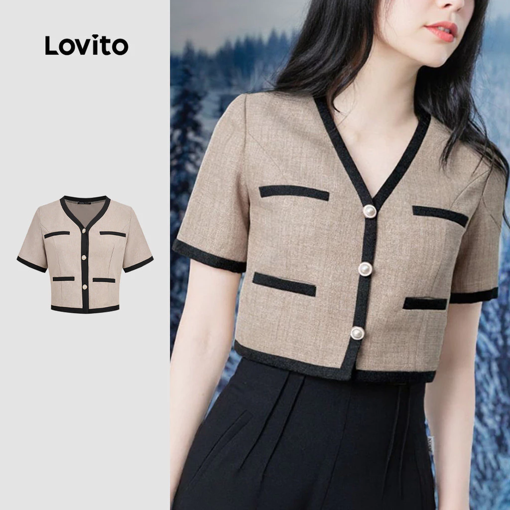 Lovito เสื้อเบลาส์ผู้หญิงสไตล์เรียบหรู คอนทราสต์บีนดิ้ง กระเป๋าปลอม เหมาะสําหรับฤดูใบไม้ผลิ/ฤดูร้อน L183ED1024