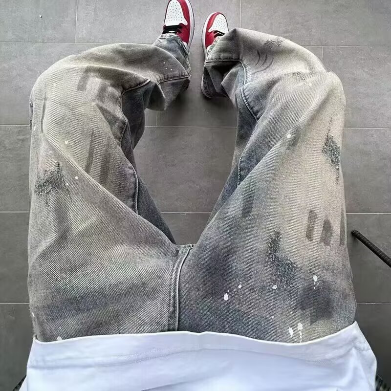 Washable Heavy Industry Splash Ink Distressed Jeans Mens Trend Loose American Retro Street Wear Stra