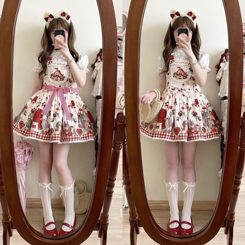 现货兔兔小红帽Lolita背带裙Jsk* 送边夹腰带大蝴蝶洛丽塔Lolita Girl Cute Design Lolita Dress JSK Strap Dress