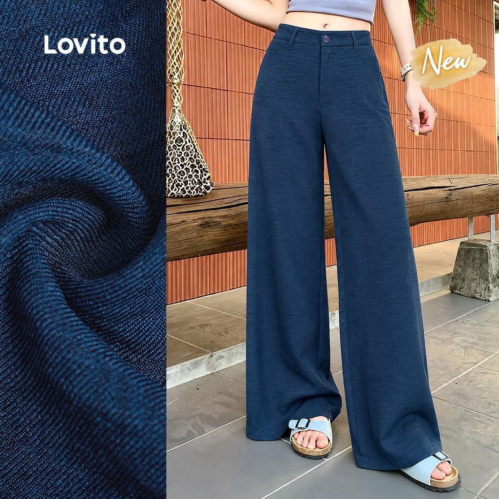 (New Arrival) Lovito กางเกงลําลอง ผู้หญิง เรียบง่าย สบาย ๆ สําหรับฤดูใบไม้ผลิและฤดูร้อน สีกรมท่า เกาหลี อินเทรนด์ L197AD1037
