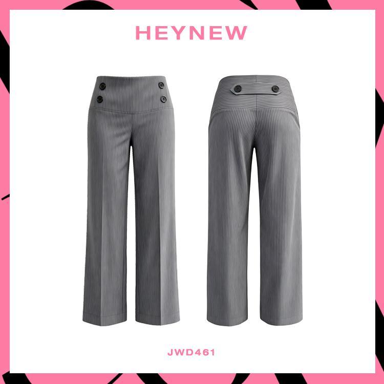 [JWD461] กางเกงขายาวผู้หญิง ทรงตรง ลายทาง สีเทา ดีเทลกระดุม เอวสูง หุ่นแบน