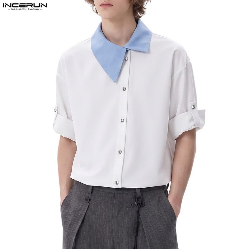 ไม่แน่นอน ผู้ชายเกาหลีเปิดลง-ปกเสื้อ สีคมชัดด้านหน้าปุ่มลงครึ่งแขนเสื้อหลวม
