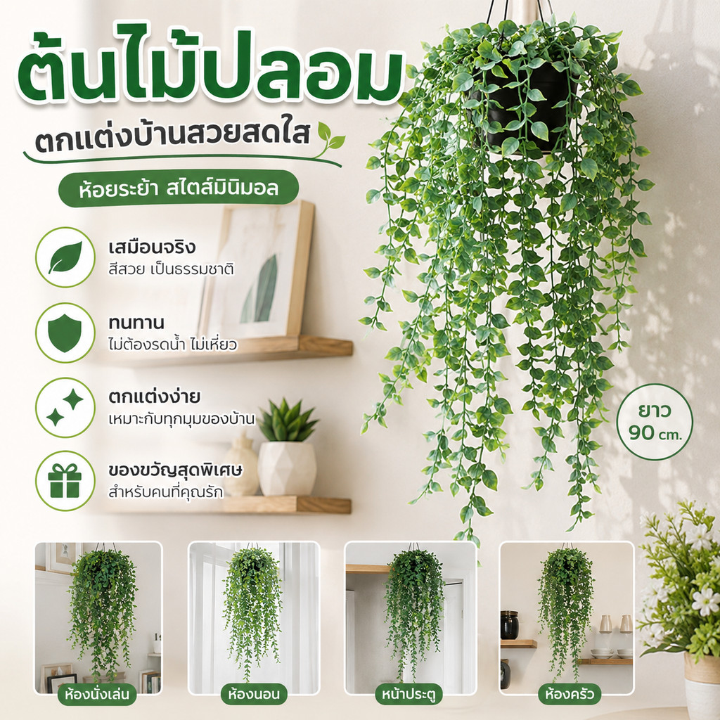 🌲COD🌲เถาวัลย์หญ้าเทียม 82cm ด้วยไม้กระถาง ดอกไม้ตกแต่งบ้าน แขวนต้นไม้ระเบียง