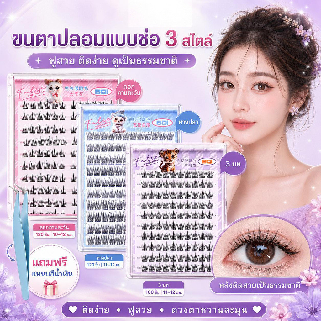 ขนตาปลอม มีกาวในตัว 3D 100/120 ช่อ ไม่ต้องใช้กาว ขนตาจับช่อ ธรรมชาติ นุ่มเบา ติดง่าย ใช้ซ้ำได้ กันเหงื่อ ตาโต