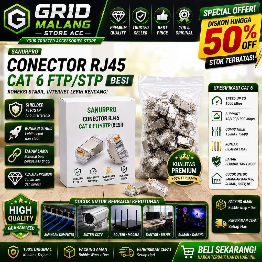 CAT6 FTP STP Sanurpro เนื้อหาเหล็ก 50 ชิ้น RJ45 Shielded LAN Ethernet Plug ชุบทอง T568A T568B สําหรั