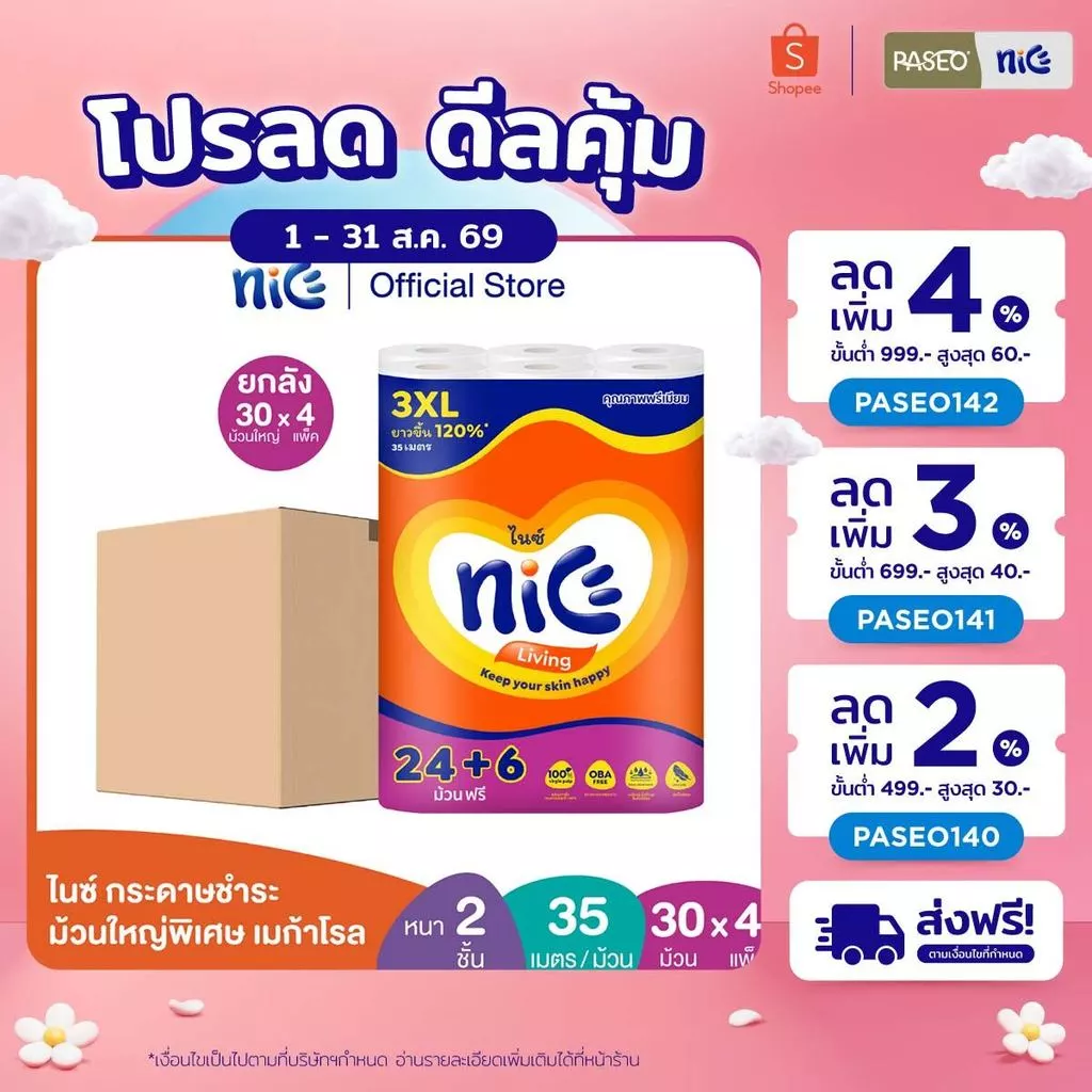 (ยกลัง 4 แพ็ค) Nice ไนซ์ เมก้าโรล กระดาษชำระ ม้วนใหญ่พิเศษ ขนาด 24+6 ม้วน (35ม./ม้วน) (ทิชชู่ กระดาษทิชชู่) x 4