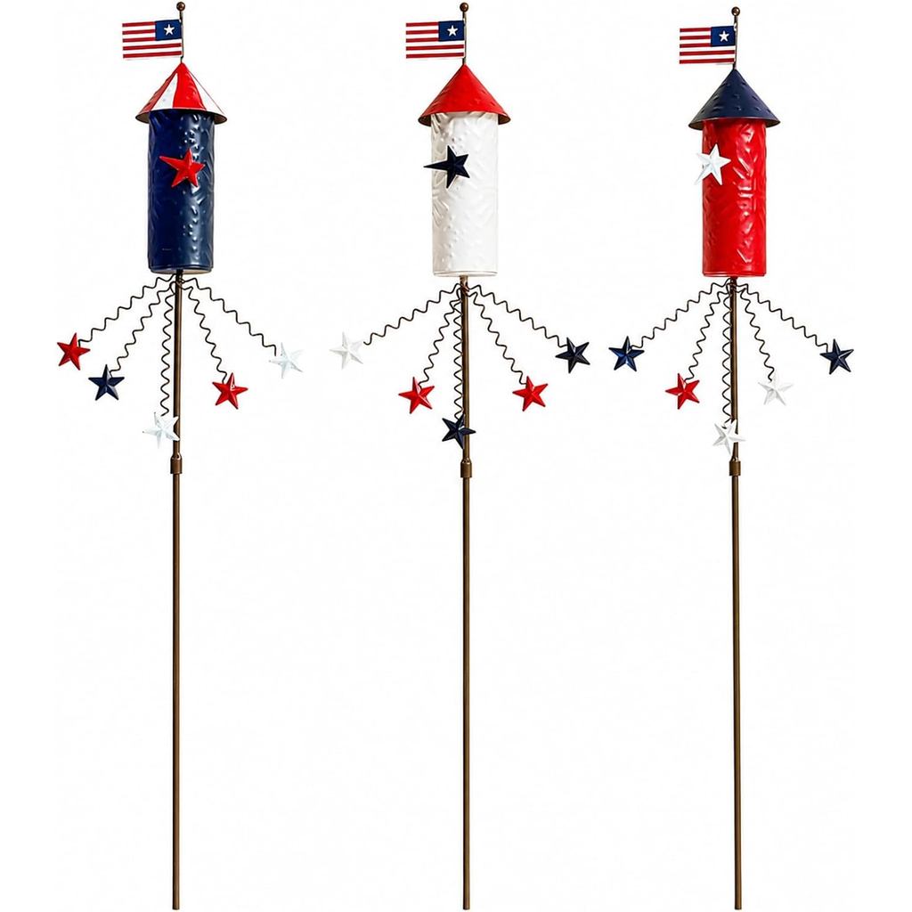 3 Pack Patriotic 4th of July ตกแต่งกลางแจ้ง,23.6 โลหะ Americana Firework ตกแต่งสวน Stakes สําหรับวัน