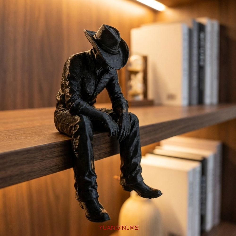 YUANQINLMS Sad นั่งประติมากรรมคาวบอย, 3D พิมพ์สไตล์ตะวันตกแขวนหัวรูปปั้นคาวบอย,แบบบูรณาการ Penive Lonely Vintage คาวบอยหุ่นเครื่องประดับการศึกษาชั้นวางหนังสือขอบ