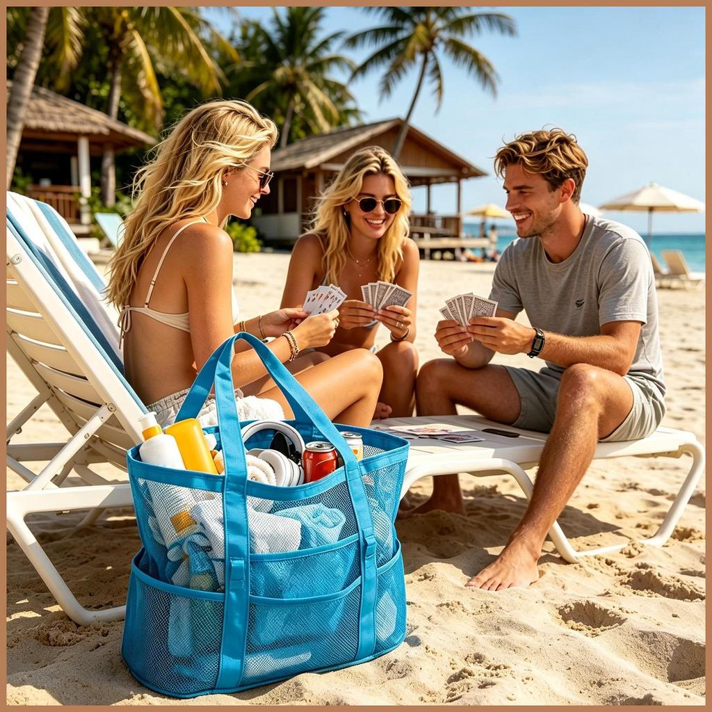 Beach Tote Bag Sandproof 9-Pocket กระเป๋ากันน้ําแบบพับได้ Travel Pool Swim Tote กระเป๋าสําหรับสระว่า