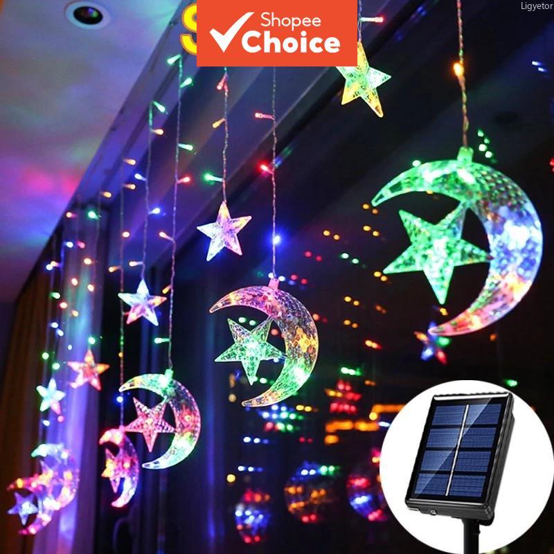 พลังงานแสงอาทิตย์ Moon Star ผ้าม่าน LED String กันน้ําสําหรับ Xmas Raya ตกแต่งกลางแจ้ง
