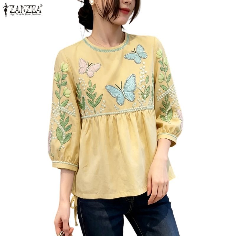 Zanzea ผู้หญิงเกาหลีน่ารัก Loose-Fit พิมพ์ลายดอกไม้ 3/4 เสื้อคอกลมแขน