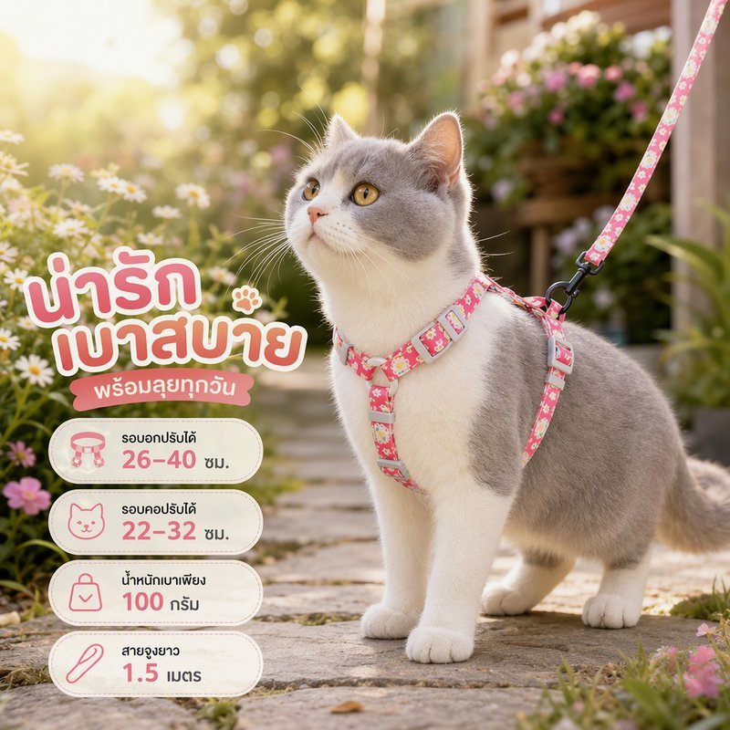 สายจูงแมว พร้อมสายรัดอก I Type กันหลุด เชือกถักนุ่ม ปรับได้ ใส่ถอดง่าย ยาว 150