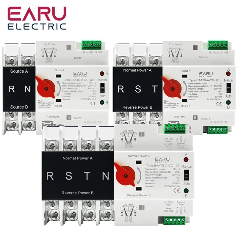 T1K6 Din Rail 2/3/4P AC 110V 230V 125A Mini ATS Dual Power สวิตช์โอนอัตโนมัติตัวเลือกไฟฟ้าสวิตช์อย่า