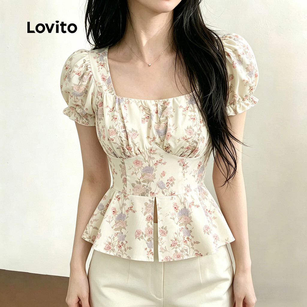 (New Arrival) Lovito เสื้อเบลาส์ลําลอง ลําลอง เรียบง่าย เสื้อเบลาส์ฤดูใบไม้ผลิ/ฤดูร้อนสําหรับผู้หญิง เกาหลี อินเทรนด์ LK7AD1033