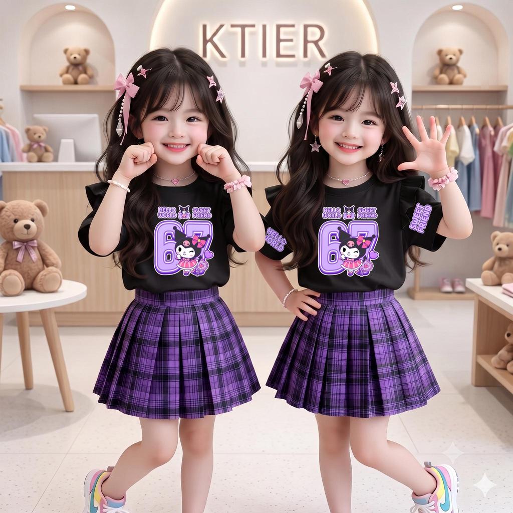 ชุดเซ็ทเด็ก2ชิ้น ลาย67 เสื้อแขนปีกนก+กระโปรงอัดพลีท