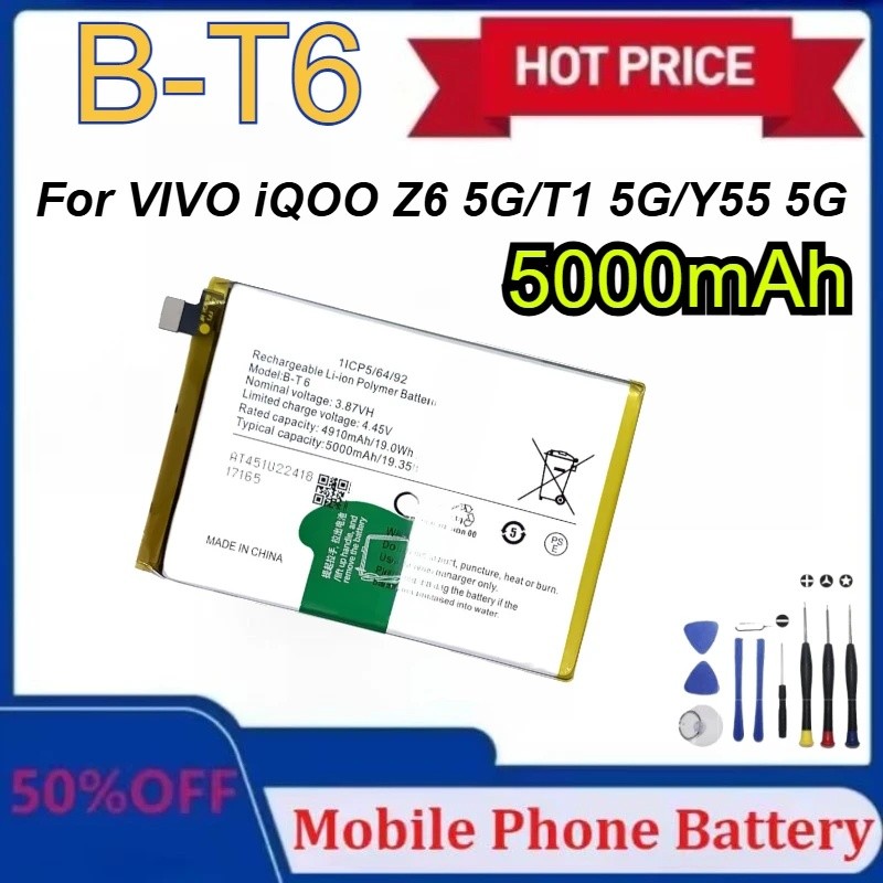 B-T6 5000mAh สําหรับ VIVO Y55 5G IQOO Z6 5G คุณภาพสูงเปลี่ยนแบตเตอรี่สําหรับ VIVO T1 5G V2141 V2157 