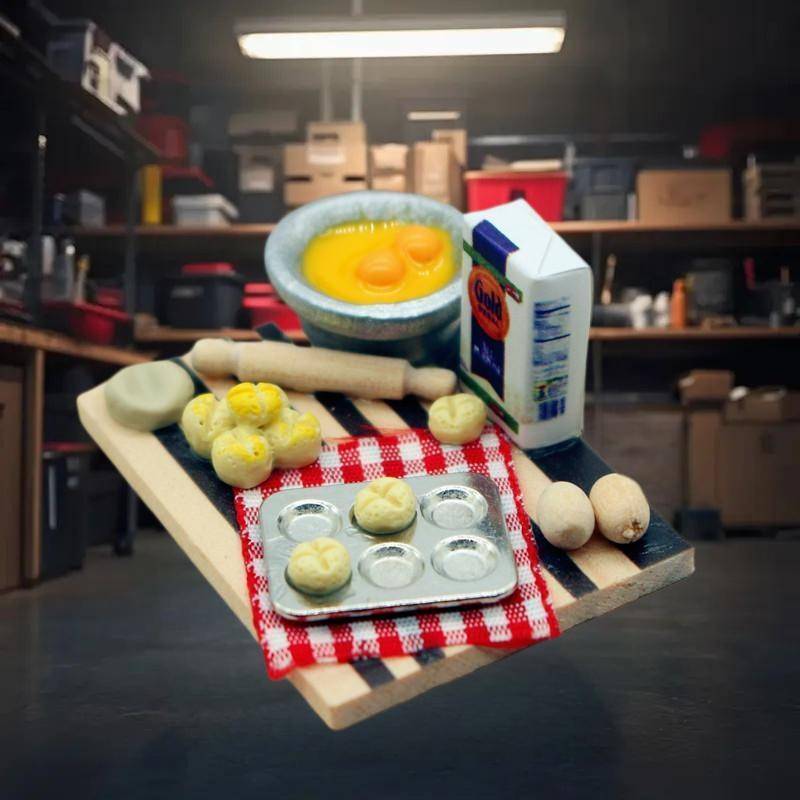 Forthewin Dollhouse Pastry Making Station Egg Milk Bread Cut Board Miniatures ของเล่น th