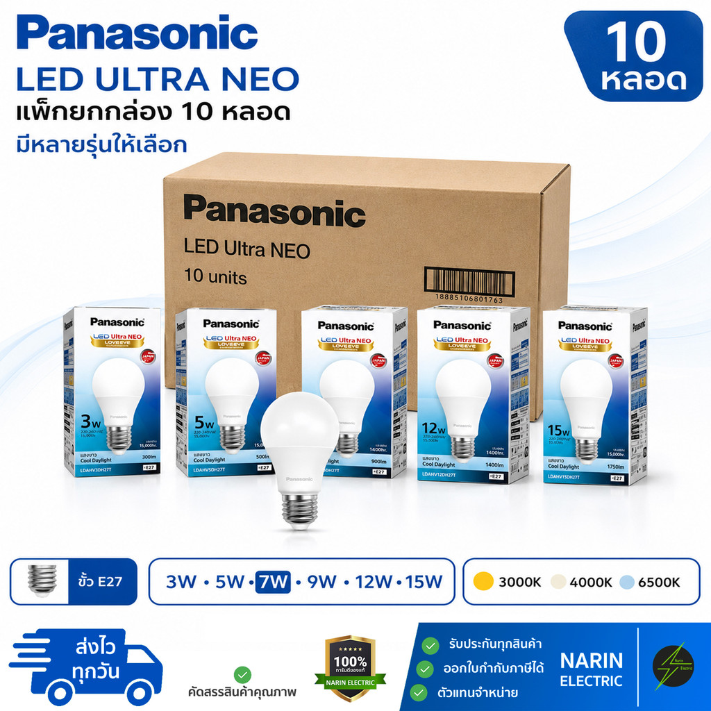 (ยกลัง 10 หลอด) หลอดไฟ LED Panasonic Ultra NEO Loveeye ขั้ว E27 3W 5W 7W 9W 12W 15W หลอดประหยัดไฟ แสง 3000K 4000K 6500K