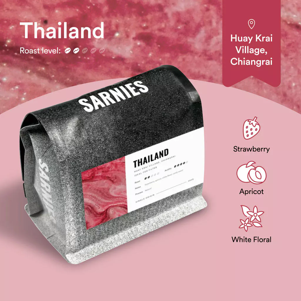 เมล็ดกาแฟ หมู่บ้านห้วยไคร้ จังหวัดเชียงราย Thailand Huay Krai village, Organic Forest Coffee | Medium Light